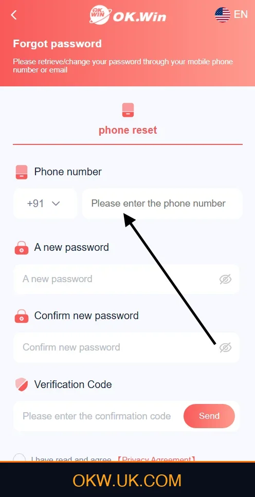Enter Registered Phone Number on Ok Win