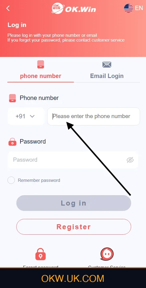 Fill in Registered Phone Number on Ok Win