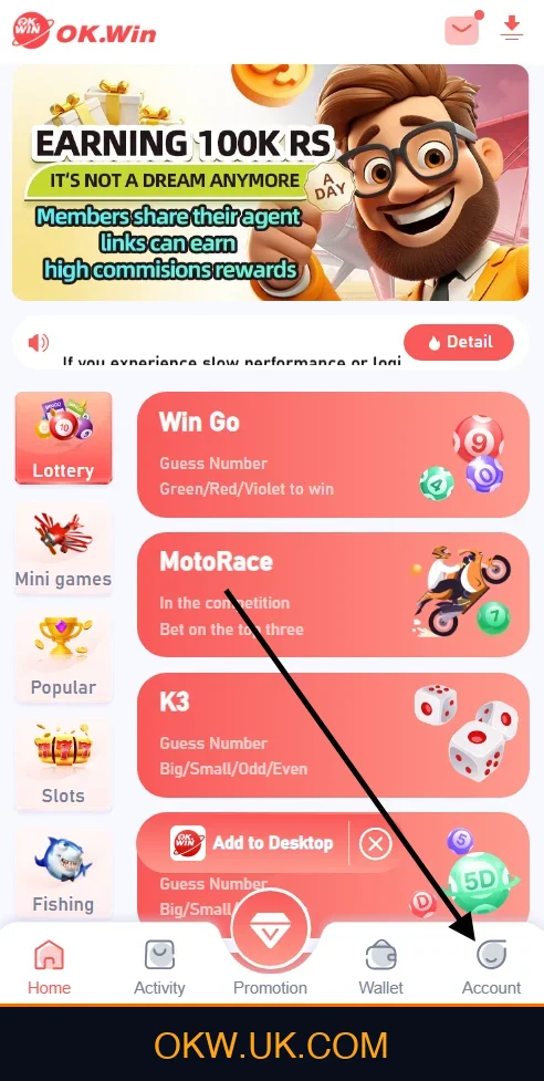 Go to Account Page on Ok Win