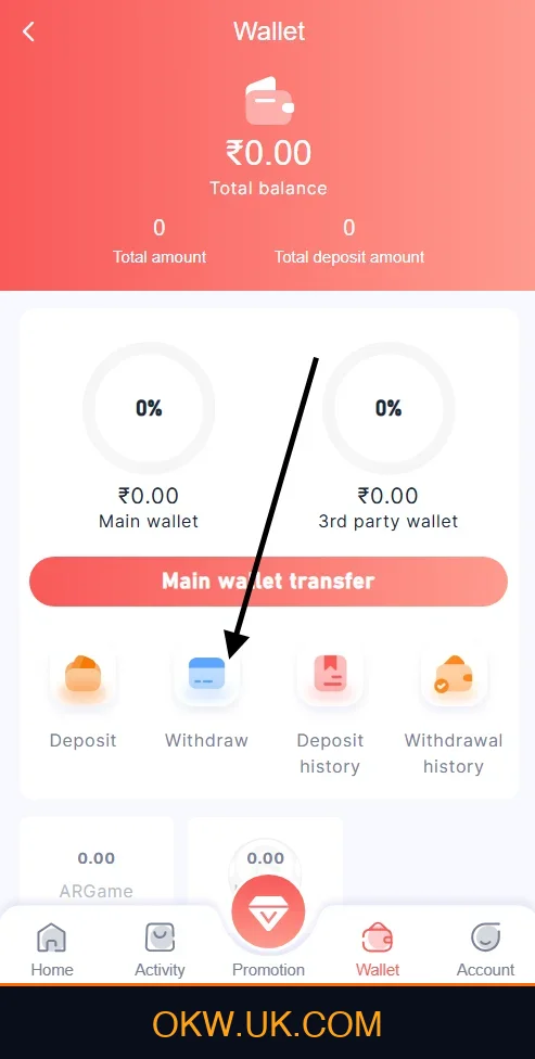 Go to Wallet Option on Ok Win