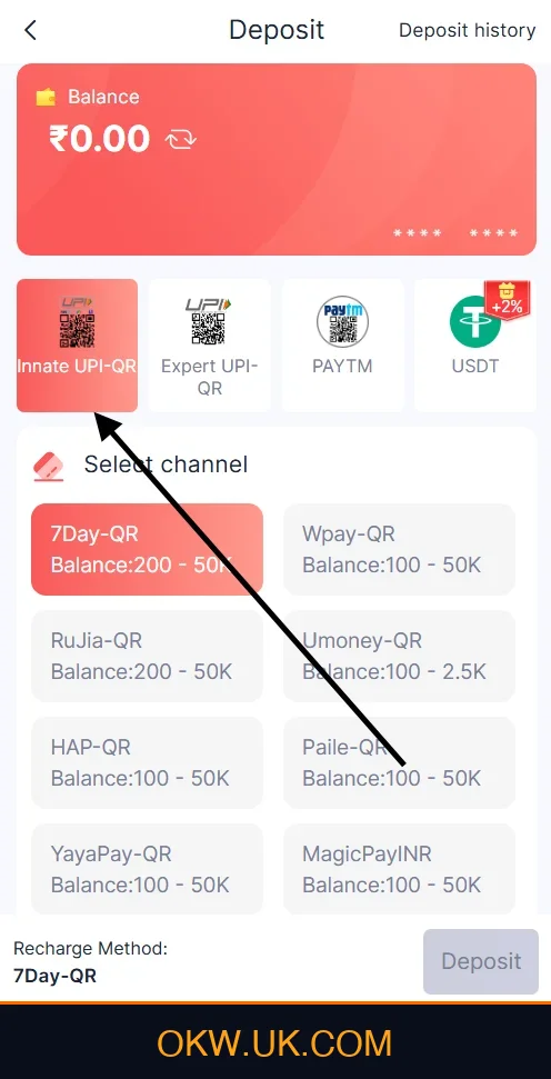 Select Payment Method for Deposit on Ok Win