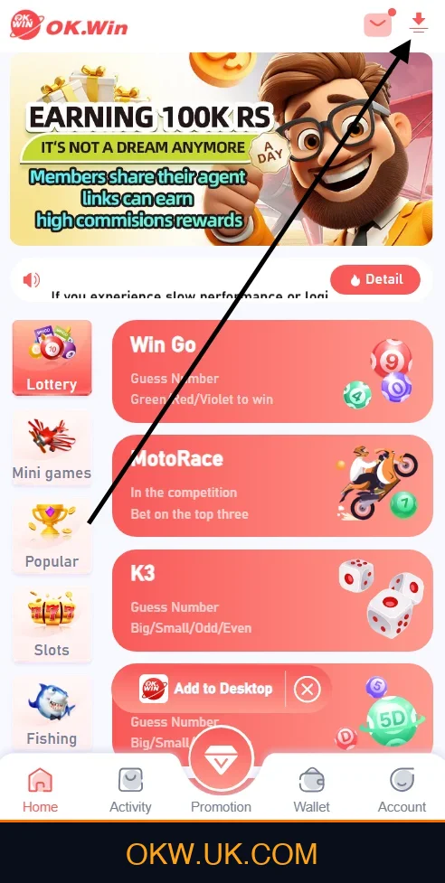 Tap Download Icon on Ok Win